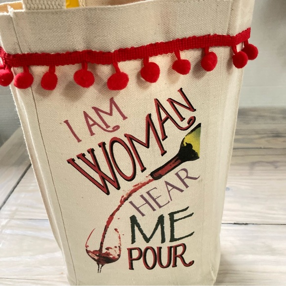 GIFT BAG Canvas Tote Bag WINE BOTTLE Double Holder I Am Woman Hear Me Pour 10 in - Picture 5 of 9